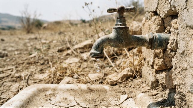Old outdoor tap dripping into cracked basin on parched soil
