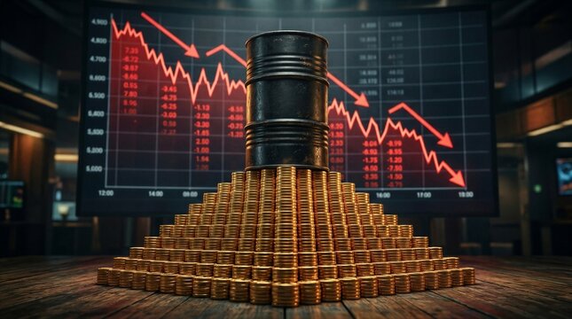 Oil barrel and stacked coins indicating market decline on trading floor