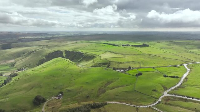 Winnats Pass and Mam Tor from a drone, Castleton, Hope Valley, Peak District National Park, Derbyshire, England, UK