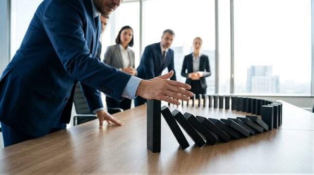 Businessman stopping falling dominoes during office meeting