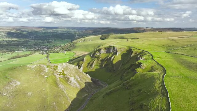 Winnats Pass from a drone, Castleton, Hope Valley, Peak District National Park, Derbyshire, England, UK