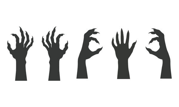Set of scary zombie monster hands and claws silhouettes