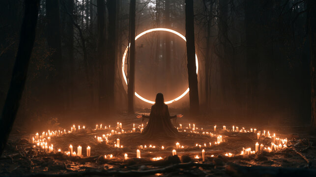 Witch performing a protection ritual around a glowing circle of candles, moonlight shining through the forest