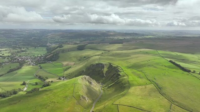 Winnats Pass from a drone, Castleton, Hope Valley, Peak District National Park, Derbyshire, England, UK