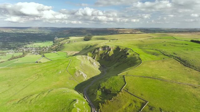 Winnats Pass from a drone, Castleton, Hope Valley, Peak District National Park, Derbyshire, England, UK
