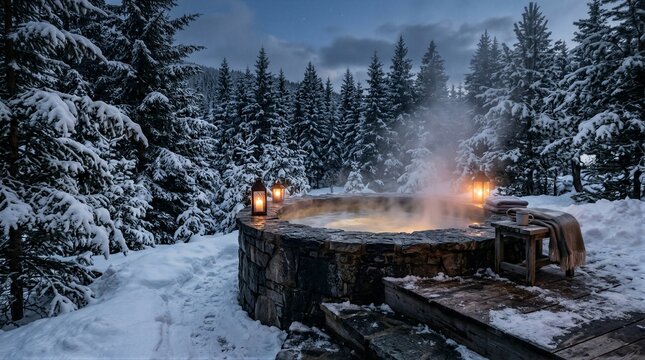 Outdoor hot tub steaming in snow covered forest retreat