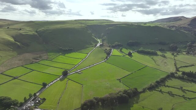 Winnats Pass from a drone, Castleton, Hope Valley, Peak District National Park, Derbyshire, England, UK