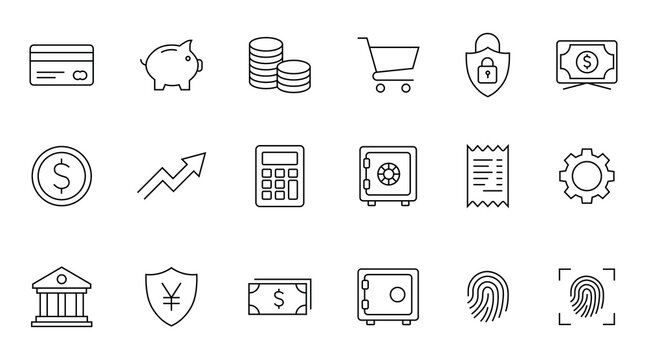 Set of thin line finance and banking icons, including credit card, piggy bank, coins, shopping cart, security shield, money, calculator, safe, receipt, gear, bank building, and fingerprint scanner