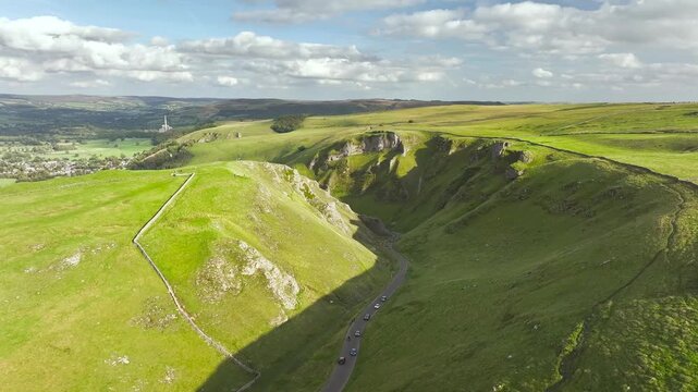 Winnats Pass from a drone, Castleton, Hope Valley, Peak District National Park, Derbyshire, England, UK