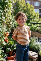 Obraz premium Smiling child on a balcony vegetable garden with tomatoes for family lifestyle portrait background and natural homegrown gardening scene