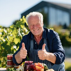 Obraz premium Smiling senior man giving thumbs up beside jars of homemade preserves in a vineyard setting for banner and poster background