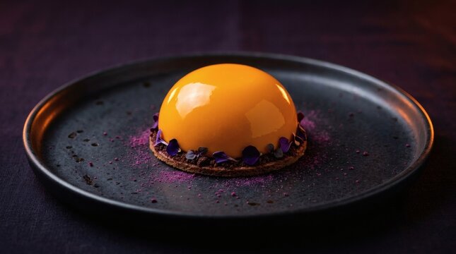 Yellow mirror glaze dome mousse dessert garnished with purple flower petals on black plate.