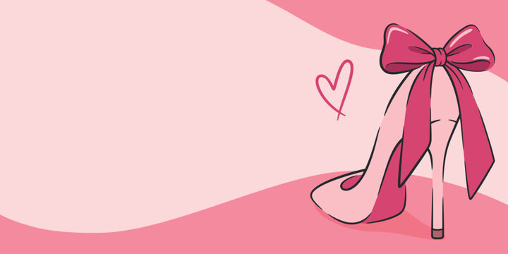 High Heel Shoe Vector Illustration. Pink High Heel with Big Bow and Heart on Pink Background. Feminine High Heel Fashion Banner for Footwear, Boutique, Bridal, Wedding, Valentine, Beauty Concept