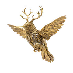 Obraz premium Golden hummingbird sculpture with antlers isolated on transparent background