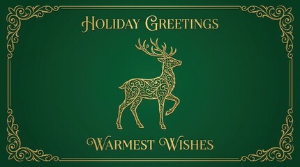 Obraz premium golden ornate deer illustration on dark green background with decorative frame and holiday greetings text. elegant christmas card. banner, website header.