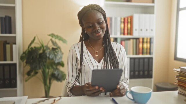 Woman holding tablet with hands, smiling and reading at a desk in an office building, wearing a striped blouse and necklace with bookshelves and a plant behind her; focused productivity.