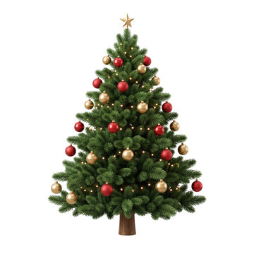 Beautiful decorated Christmas tree with glowing lights and wrapped gift boxes isolated on white background