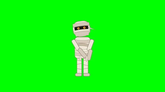 Mummy Animated Cartoon Character Standing and Moving on Green Screen Background