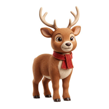 Cute 3D cartoon reindeer mascot wearing a red scarf with gold bell isolated on white background