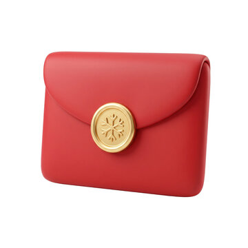 3D red Christmas envelope sealed with gold snowflake wax stamp isolated on white background for holiday invitations