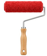 Fototapeta premium Red paint roller with a wooden handle isolated on a clean white background for home renovation