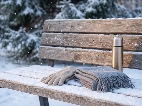 Empty park bench covered in snow during a quiet winter afternoon
