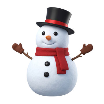 Playful 3D winter snowman  with red scarf and hat on white background