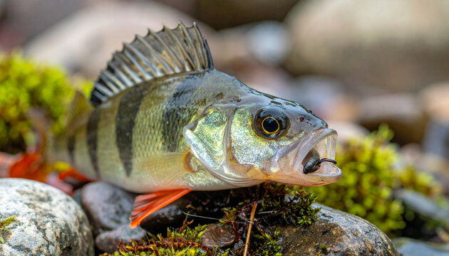 European perch on wet river stone macro photograph