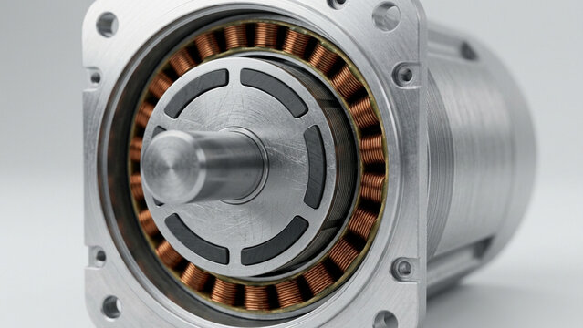 Electric motor rotor copper coil stator close up, brushless dc engine component detail in industrial studio setup