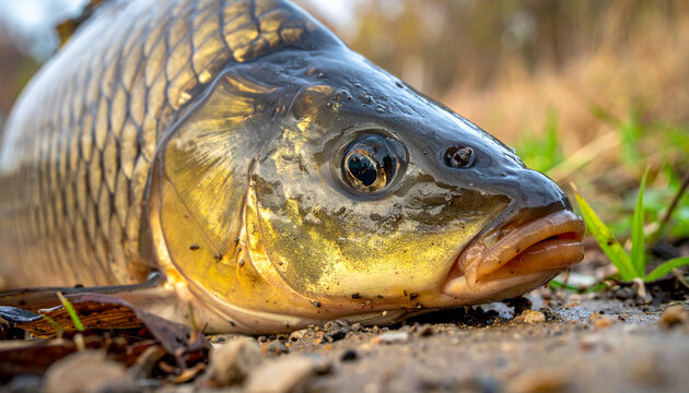 Photorealistic close-up of a freshly caught common carp lyi