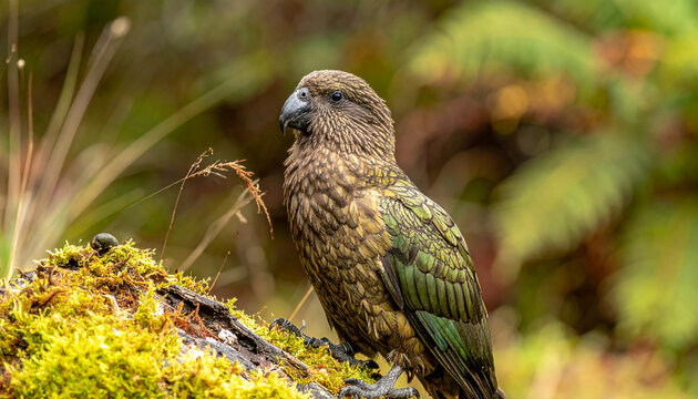 Kakapo perched on mossy log in new zealand habitat