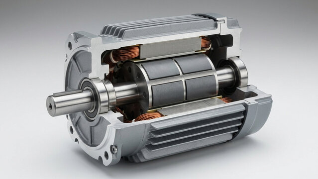 Electric motor cutaway cross section showing internal rotor shaft copper stator windings permanent magnets and metal housing in studio light