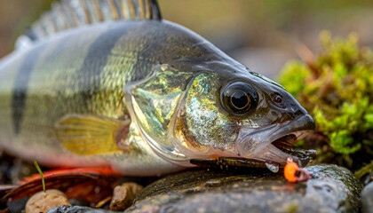 Obraz premium Macro photograph of a european perch on river stone