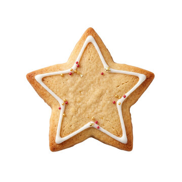 Star christmas sugar cookie with elegant white piping icing isolated on white background for festive holiday
