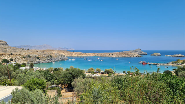 Panoramic coastal view of Lindos Rhodes Greece