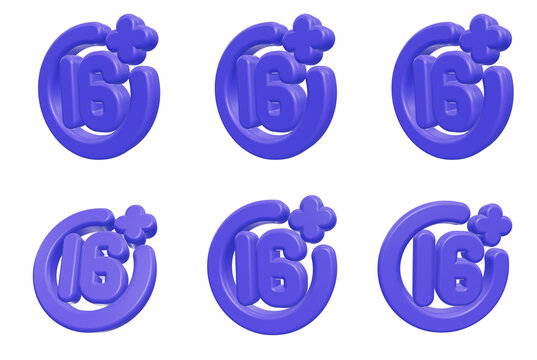 Six glossy purple 3D sixteen plus age restriction symbols