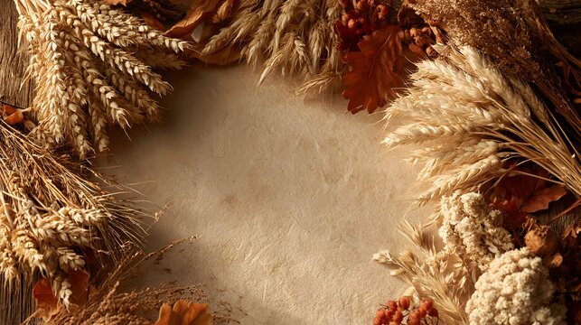Autumn harvest frame with wheat ears and dried plants on textured paper background, copy space