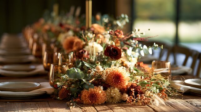 Rustic autumn wedding table setting with warmtoned floral centerpiece and amber glassware on a wooden table