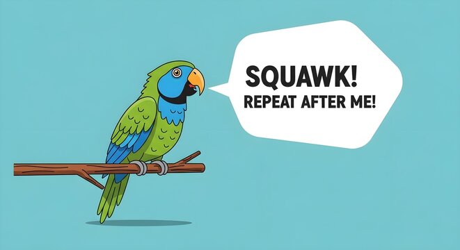 Vibrant Parrot Perched on Branch with Speech Bubble Saying 'SQUAWK! Repeat After Me' &ndash; Playful Bird Communication Concept