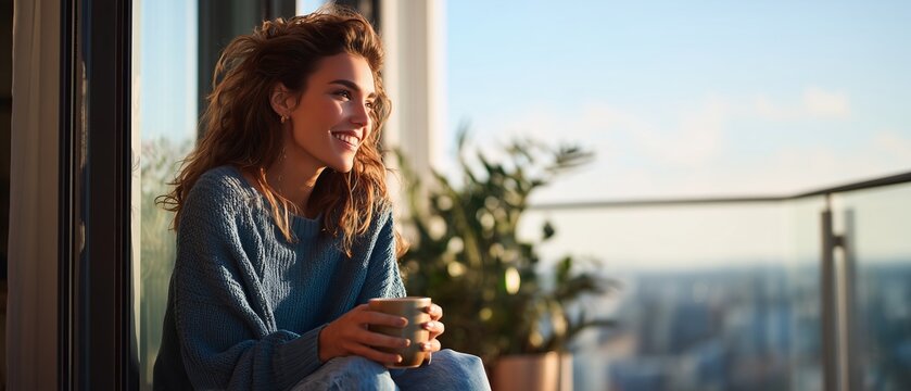 Young Woman Relaxing on Balcony with Coffee Cup