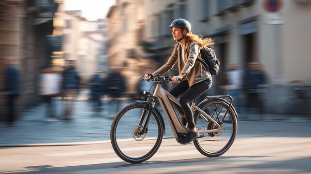 Woman Cycling Through European City Street