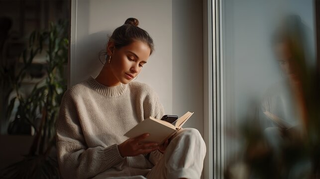 Young Woman Sitting by Window Reading Book