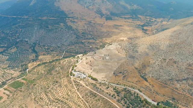 Mycenae, Greece. Excavation site: Greek settlement of the 12th century BC. e. with the ruins of the acropolis, palace and tombs. Drone footage