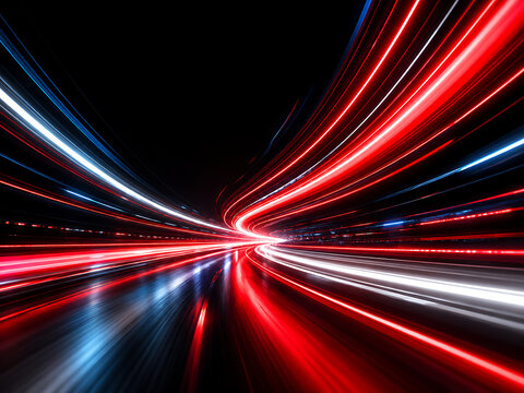 Abstract speed of light streaks with red and blue trails on black background