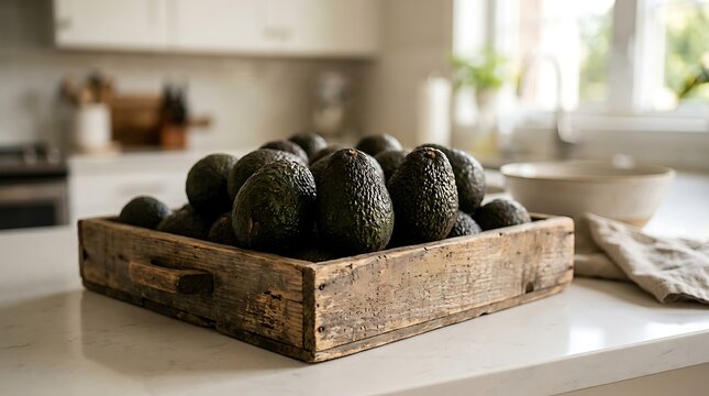 fresh avocado in wooden box
