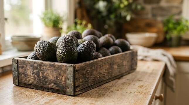 fresh avocado in wooden box