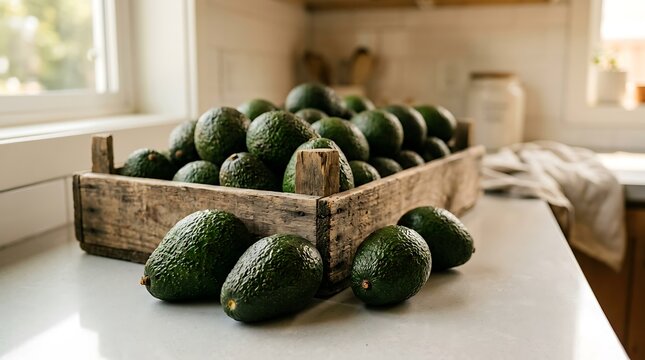 fresh avocado in wooden box
