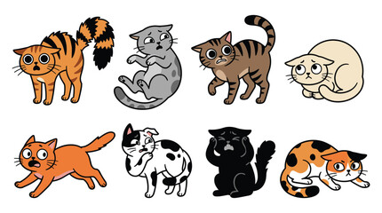 Obraz premium Colorful cartoon cats in playful and relaxed poses on plain background
