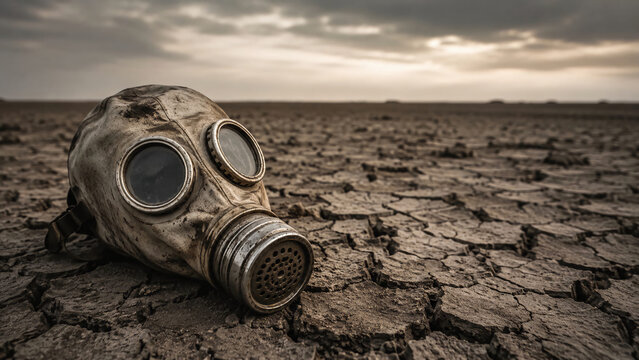 An abandoned gas mask lies on dry, cracked earth under a desolate, cloudy sky, symbolizing environmental crisis and disaster.