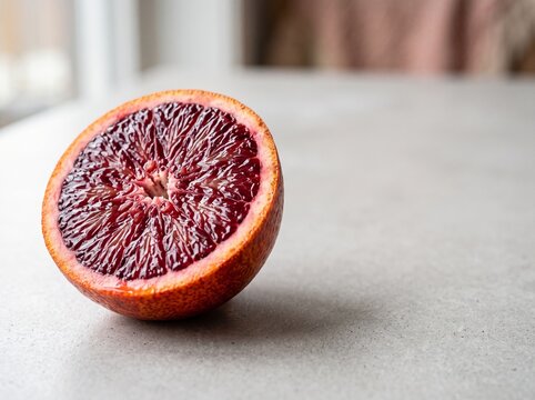 Fresh blood orange half on stone surface, vibrant red ruby citrus fruit, organic sliced blood orange for food photography background